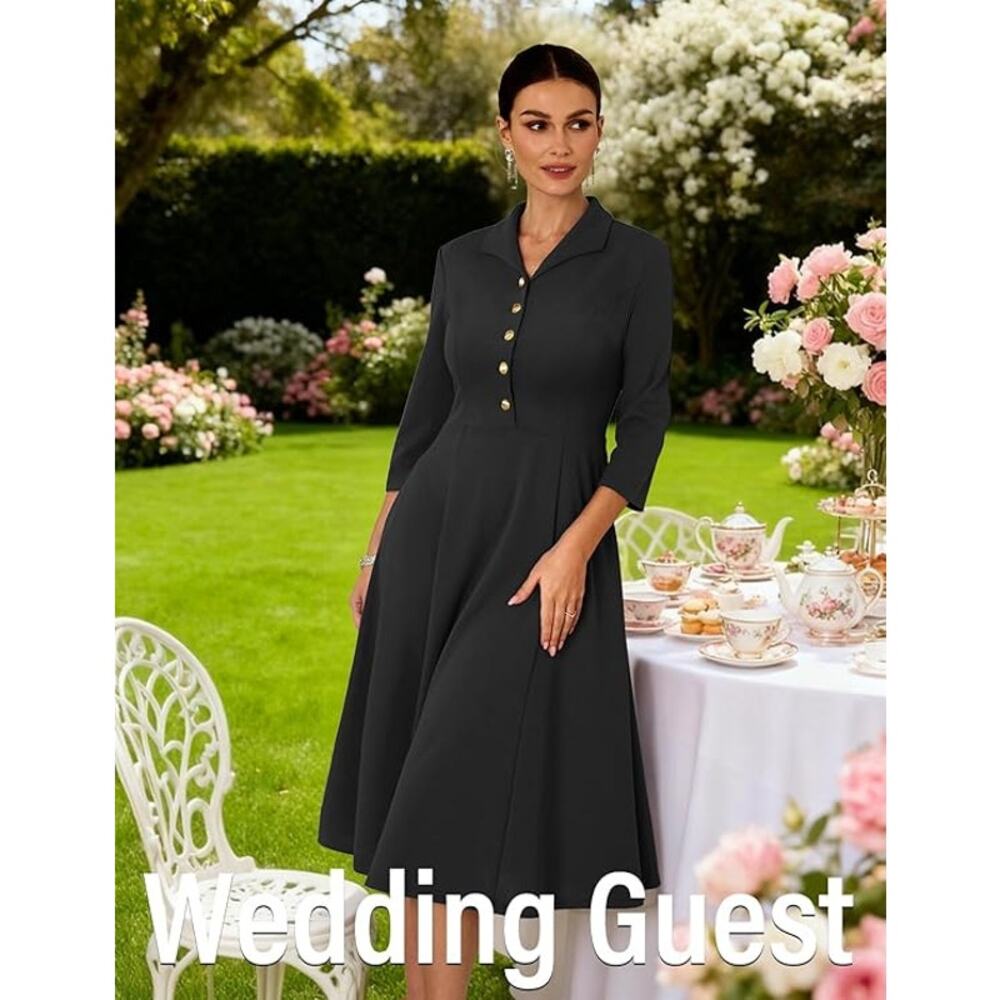 Women's Cocktail Dresses, Vintage Tea Party 3/4 Sleeves with Pocket, Black, XXL - Picture 3 of 3